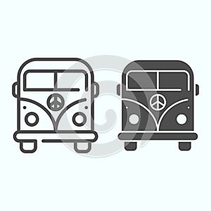 Peace Minivan line and solid icon. Bus with peace symbol vector illustration isolated on white. Hippie minibus outline