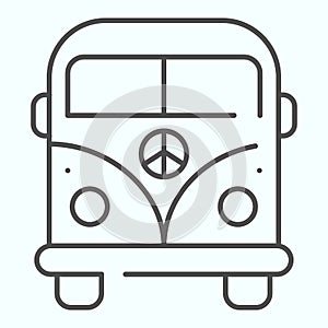 Peace Minivan thin line icon. Bus with peace symbol vector illustration isolated on white. Hippie minibus outline style