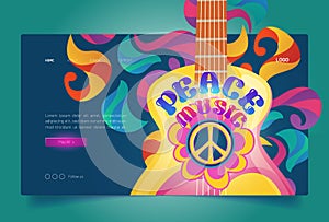 Peace music banner with hippie sign and guitar photo