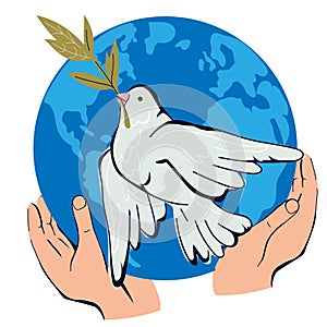 Peace No war sign with dove symbol and planet in human hands, vector isolated