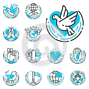 Peace outline blue icons love world freedom international free care hope symbols vector illustration