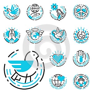 Peace outline blue icons love world freedom international free care hope symbols vector illustration