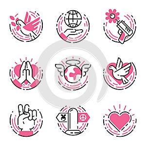Peace outline pink icons love world freedom international free care hope symbols vector illustration