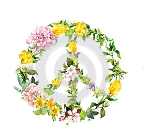 Peace, pacifism sign with flowers, grass and leaves. Antiwar watercolor illustration with not war floral symbol photo