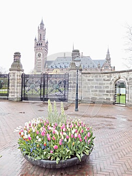 Peace Palace (International Court of Justice) with tulips