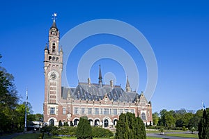 Peace Palace, Vredespaleis, under a pure gradient blue sky