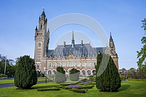 Peace Palace, Vredespaleis, under a pure gradient blue sky