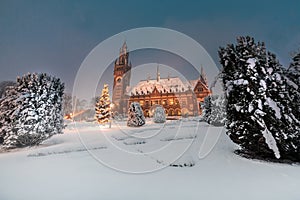 Peace Palace, Vredespaleis, under the snow at night