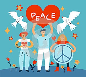 Peace people poster. Happy characters with peaceful symbols in hands. Stop war banner. Big heart and hippie sign. Flying