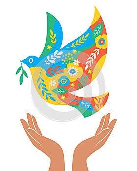 Peace Pigeon with flowers, symbol of peace illustration. Hands releasing Peace Dove