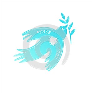 Peace pigeon logotype, peace symbol with flying bird and branch with leaves