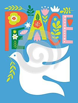 Peace Pigeon, symbol of peace illustration, lettering