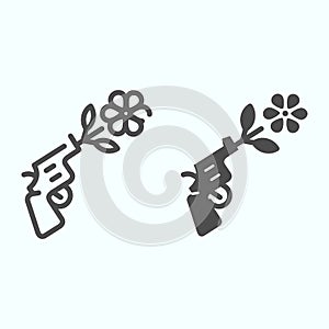 Peace pistol line and solid icon. Pistol with peace symbol vector illustration isolated on white. Gun shooting flower