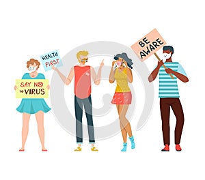 Peace rally, people staging protest on street, poster saying say no to virus, cartoon style vector illustration
