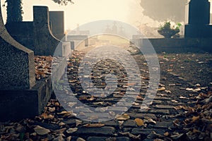 Peace, serenity or tranquility on cemetery graveyard brick path covered in leaves in autumn or fall season