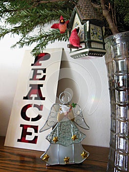 Peace Sign with Angel and Bird House on Christmas Tree