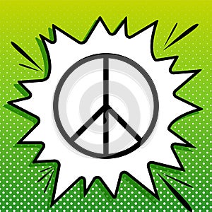 Peace sign. Black Icon on white popart Splash at green background with white spots. Illustration