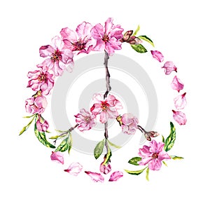 Peace sign with cherry blossom pink flowers, spring sakura branches. Pacificist watercolor drawin, antiwar symbol photo