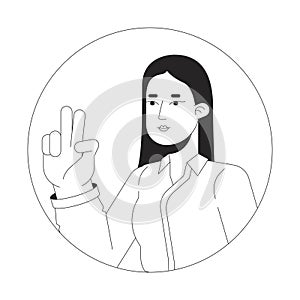 Peace sign girl asian with long straight hair black and white 2D vector avatar illustration