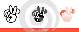 Peace sign hand with fingers on a background of red circles icon of 3 types color, black and white, outline. Isolated vector sign