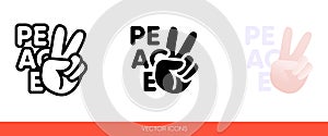 Peace sign hand with fingers on the background of the word peace icon of 3 types color, black and white, outline. Isolated vector