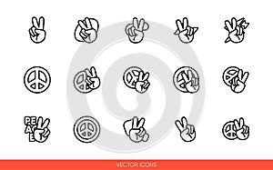 Peace sign hand with fingers and pacific sign, international symbol of peace, disarmament, antiwar movement icon set of