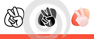 Peace sign hand with fingers on a red oval icon. Isolated vector sign symbol.