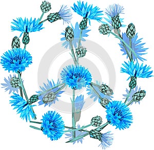 A peace sign laid out of cornflowers. Vector illustration. Isolated on a white background.