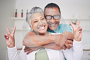 Peace sign, love and smile with portrait of old couple for support, happy and relax. Happiness, kindness and peace with