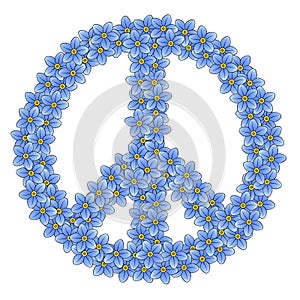 Peace sign made of 111 forget-me-not flowers, symbol of the anti-war movement