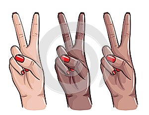 Peace sign nails hands art. Two fingers sign. Black women , latina and white women hand gesture,  red nail polish sketch,  beauty