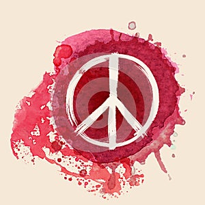 Peace sign on red water color ink splat background