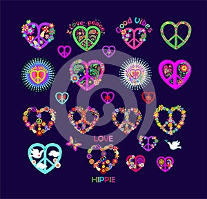 Peace sign set or collection in heart shape. Hippie symbols for poster, shirt or bag print. Part 7 of hearts huge set