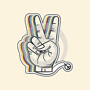 Peace sign symbols with v gesture. Retro styled vector illustration for t-shirt, sticker, poster design.