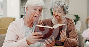 Peace, support and bible study with old women and books for praying and worship. Help, learning holy gospel and reading