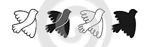 Peace symbol dove silhouette stamp doodle outline set flying bird pigeon sign logo no war concept