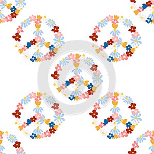 Peace symbol floral retro 70s seamless pattern. Clockwork design in the style of the seventies.