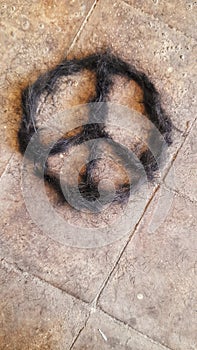 peace symbol from hair clippings on the tile floor