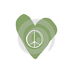 Peace symbol icon. Brush green hippie heart sketch art