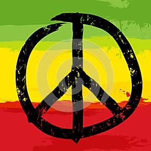 Peace symbol and rastafarian colors in background,