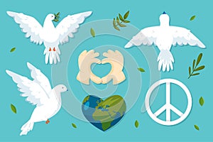 Peace symbols set with pigeon, Earth, arms with love sign, doves different postures with olive brunch