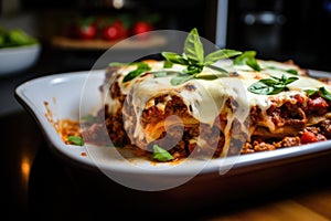 Peace of traditional homemade italian lasagna with bolognese sauce and greens just out of the oven