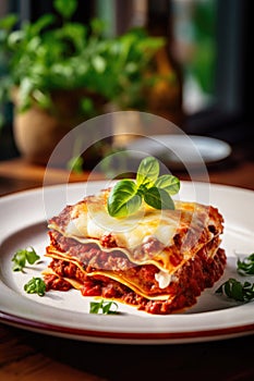 Peace of traditional italian lasagna with bolognese served with basil on a restaurant table