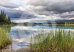 Forest and scattered cloud reflected in clear, calm Boya Lake photo