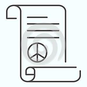 Peace treaty thin line icon. Document with peace symbol vector illustration isolated on white. Pacific symbol on sheet