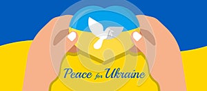 Peace for ukraine - hands hold blue yellow heart with white pigeons of peace sign on national flag of ukraine background vector