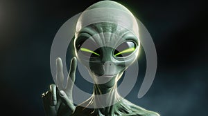 Peace or victory sign with two fingers green alien with big eyes, black background UFO Generative ai