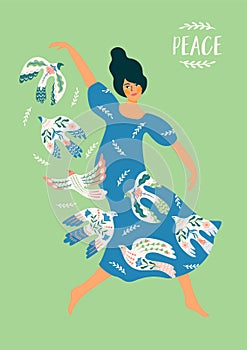 Peace. Woman and dove of peace. Vector illustration. Elements for card, poster, flyer and other