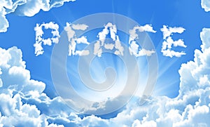 Peace word on sky in clouds background