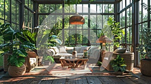 Peaceful 3D sunroom featuring green plants, wicker furnishings, and large windows evoking a natural sanctuary. 3d